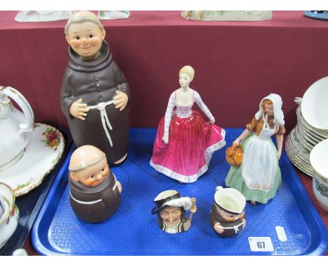 Two Royal Doulton Figurines 'Milkmaid' and 'Fiona', a Goebel monk decanter (base impressed KL 92), a Goebel monk jug and jar 
