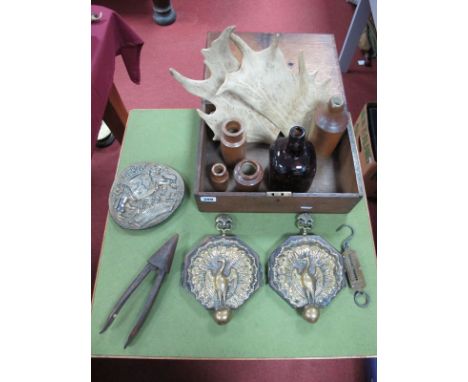 A Pair of Brass and Oak Wall Tidies, bottles, antlers, Salter scales, etc, oak box.