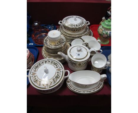 A Royal Worcester "Windsor" Pattern Dinner Service, comprising six each dinner, side, tea plates, cups and saucers, oval meat