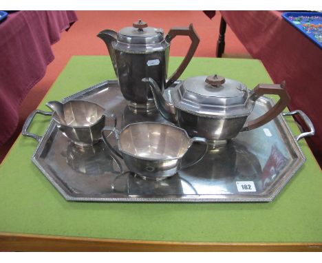 A Circa 1940's Electroplated Five Piece Tea Service, by Stower & Wragg, of tapering oval form, brown bakelite handles and fin