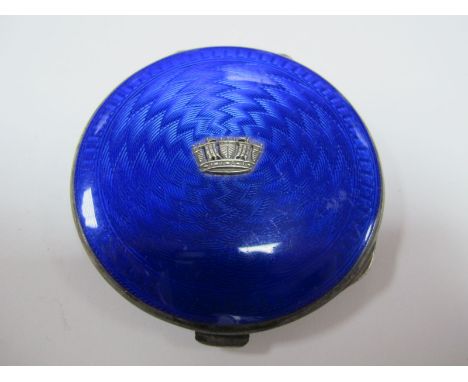A Hallmarked Silver and Enamel Ladies Powder Compact, JWB, Birmingham 1937, applied crown detail (lacking internal mesh inser