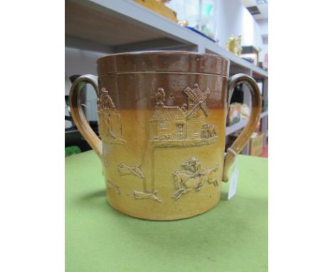 A Mid XIX Century Brampton Brown Salt Glazed Stoneware Two Handled Loving Cup, applied with a hunting scene and drinking figu