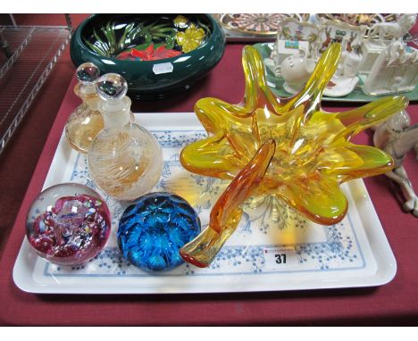 A Murano Style Amber Glass Bowl, Caithness scent bottles and 'Myriad paperweight plus one other:- One Tray