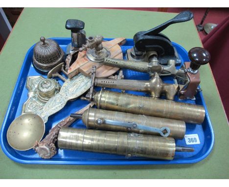 Three Persian Brass Cylindrical Coffee Grinder Mills, early XX Century domed light switch, desk stamps, inkwell, brass beer t