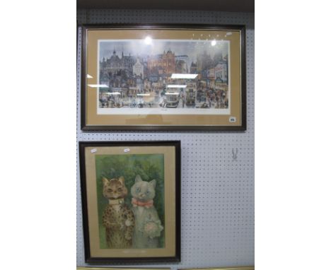 George Cunningham Signed Limited Edition print, 28/500, of 'Attercliffe' signed lower right, together with a Louis Wain print