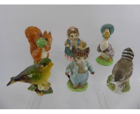 Beswick, four figurines including "Jemima Puddleduck" dd 1948, "Tom Kitten" dd 1948, "Greenfinch" nrd 2105, "Cousin Ribby" dd