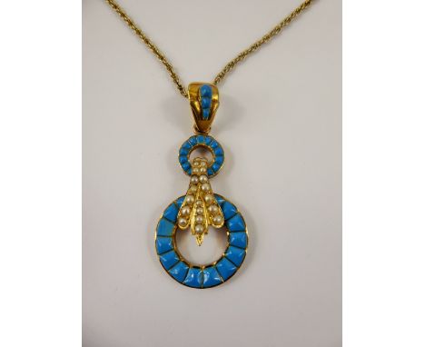 An 18/22 ct Yellow Gold Art Nouveau Turquoise and Seed Pearl Pendant, on a 9 ct yellow gold chain, pendant approx 11 gms, cha