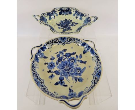 Two Blue and White Delft Dishes, both hand painted with floral design, factory marks to base together with a Copeland Spode '