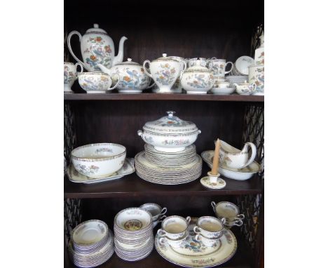 A Wedgwood Kutani Crane Porcelain, comprising a coffee pot, tea pot, two milk jugs, lidded sugar bowl, pillar vase, pot plant