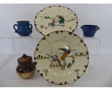 Miscellaneous Ceramics, including Doulton Lambeth Pot and Cover, Barrum pottery tea-light holder, jam jar and two French dinn