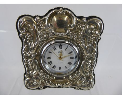 R Carr Silver Travelling Clock, enamel face, Roman dial, approx 3 x 3 cms