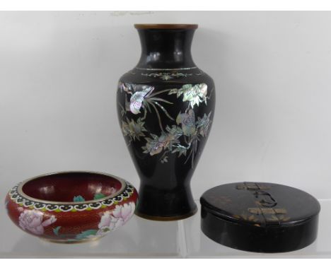 A Collection of Oriental Items, including a Chinese black cloisonné vase, with mother of pearl inlay depicting birds, approx 