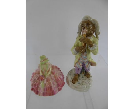 A Meissen Style Musician Monkey, depicted playing the flute, approx 13 cms, together with a miniature Royal Doulton figurine 