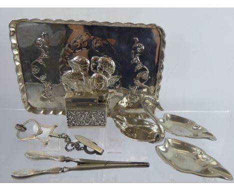 Miscellaneous Items, including a silver metal rectangular tray depicting five angels in relief with scalloped edge, approx 27