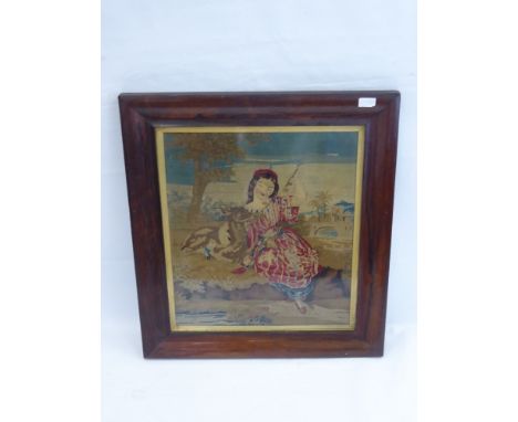 An Antique Tapestry depicting a girl and fawn, framed and glazed, approx 65 x 71 cms.