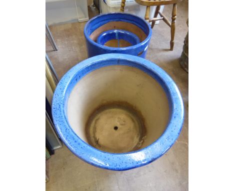 Two Large Blue Glaze Ceramic Planters, together with a smaller blue planter. (3)