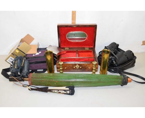 Mixed Lot: Nikon travel binoculars, further Swift binoculars, a hard rock jewellery box, folding parasol, brass vases etc