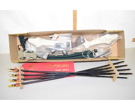 A Yamaha left hand medium limb bow model number YTSL/II together with bow sight, arrows and other accessories