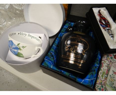 A boxed Royal Worcester breakfast cup & saucer, a boxed Highland Malt Scotch whiskey decanter for the QE2 etc