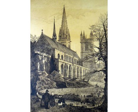 ASPINALL nineteenth century etching - Llandaff Cathedral with figures & gardeners, signed & titled, published by Daniel Owen 