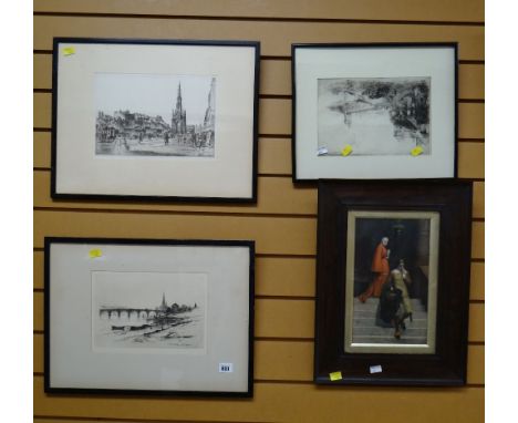Three etchings 'The Perth Bridge', 'Modern Athens' etc together with a LOCKHART print