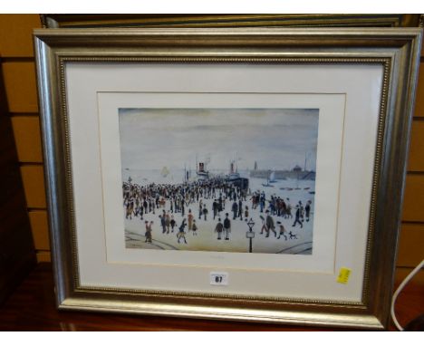 A L S LOWRY print entitled 'Ferry Boats', two framed oil paintings of boats & a pencil drawing of a fisherman