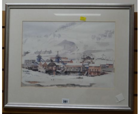 A framed print of a winter colliery scene by VALERIE GANZ