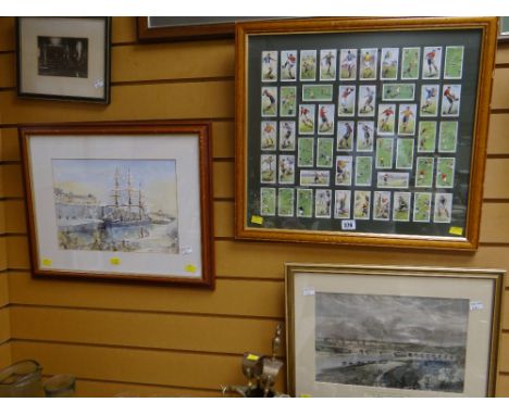 Framed watercolour of a docked three mast schooner signed JON HARRY '95, together with a framed coloured engraving of the Riv