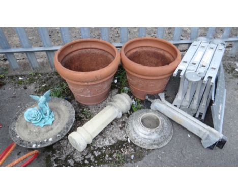Two terracotta garden pots, a composite stone bird bath & telescopic folding ladder (outside)