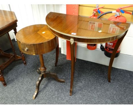 A small circular drum-type tripod table with single drawer & a reproduction half-moon hall table
