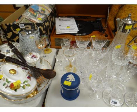 A quantity of cut glass drinking vessels, claret jug, Royal Worcester 'Evesham' cookware etc