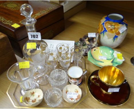 A gilded decanter tray & glasses, Carltonware Royal Crown Derby miniature tankard, bramble sculpture etc