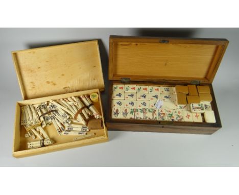 A nicely Oriental inlaid box containing Mahjong set together with a collection of boxed marker sticks