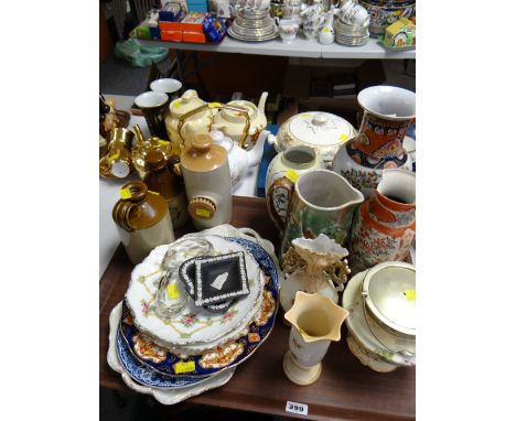Tray of china including stoneware bottles, vases, gilt teaware & boxed Royal Worcester cake plate etc