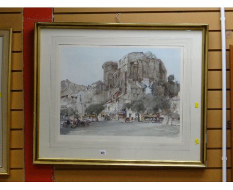 SIR WILLIAM RUSSELL FLINT print of a continental village square, with embossed mark BJF, signed in pencil