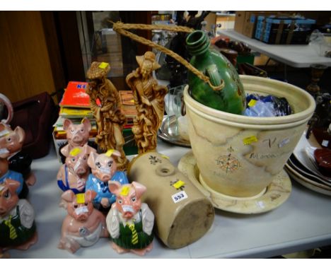Large continental ceramic planter, resin figures & set of five Wade Natwest piggy bank money boxes