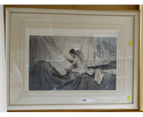 A framed SIR WILLIAM RUSSELL FLINT print of a semi-clad female reading
