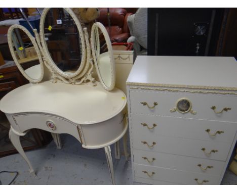 A painted French-style kidney shaped dressing table with tri-fold mirror & matching chest of drawers