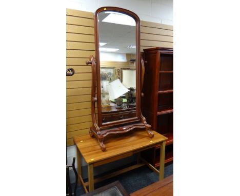 A mahogany bevelled cheval mirror & a hardwood desk
