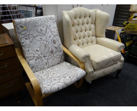 A good reproduction button backed & wing back armchair in a cream fabric together with a modern IKEA bentwood armchair