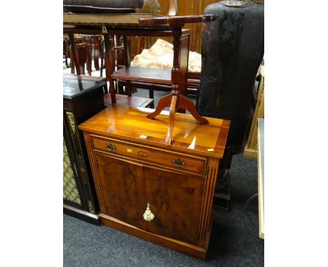 A reproduction mahogany effect closed bookcase with upper drawer, a Long John coffee table & tripod table & footstool