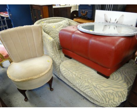An upholstered bedroom chair, an oval mirror, foot stool & day bed