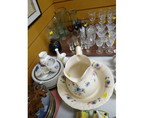 Tray of glassware together with a parcel of other various china including collectors plates, cuckoo clock, jug & basin set et