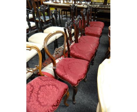 Set of six carved & comb back antique drawing room chairs with velvet stuff over seats together with a pair of Victorian ball