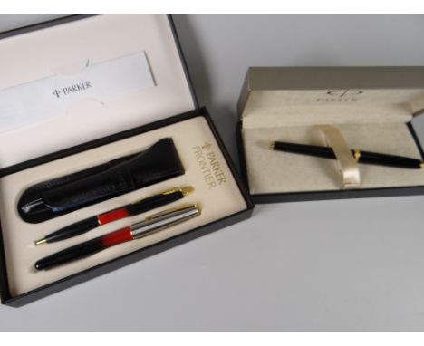 Modern boxed black & red Parker Frontier fountain pen & ballpoint pen set with leather pouch & a modern boxed (1990s) black P