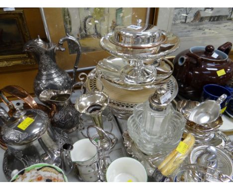 Parcel of various metalware, EPNS, tazzas etc small copper kettle, bone-handled entree dish