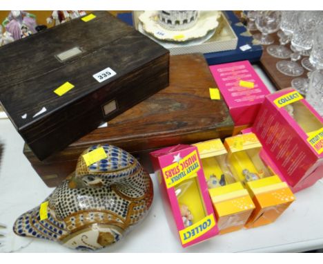 Two vintage wooden boxes, collection of Tetley tea folk & a ceramic duck
