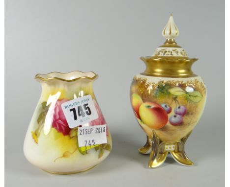 Royal Worcester hand painted fruit decorated lidded potpourri, signed together with a similar Royal Worcester small rose deco