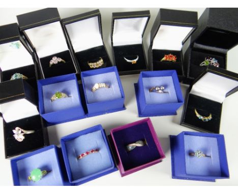 Eighteen dress rings in boxes including opal, pink sapphire, amazonite etc mainly QVC purchases