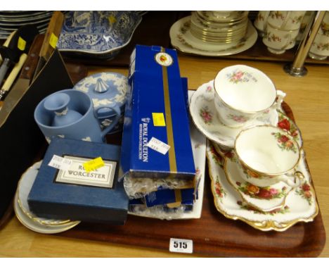 Tray of mixed china including Wedgwood Jasperware, Royal Worcester & Royal Albert